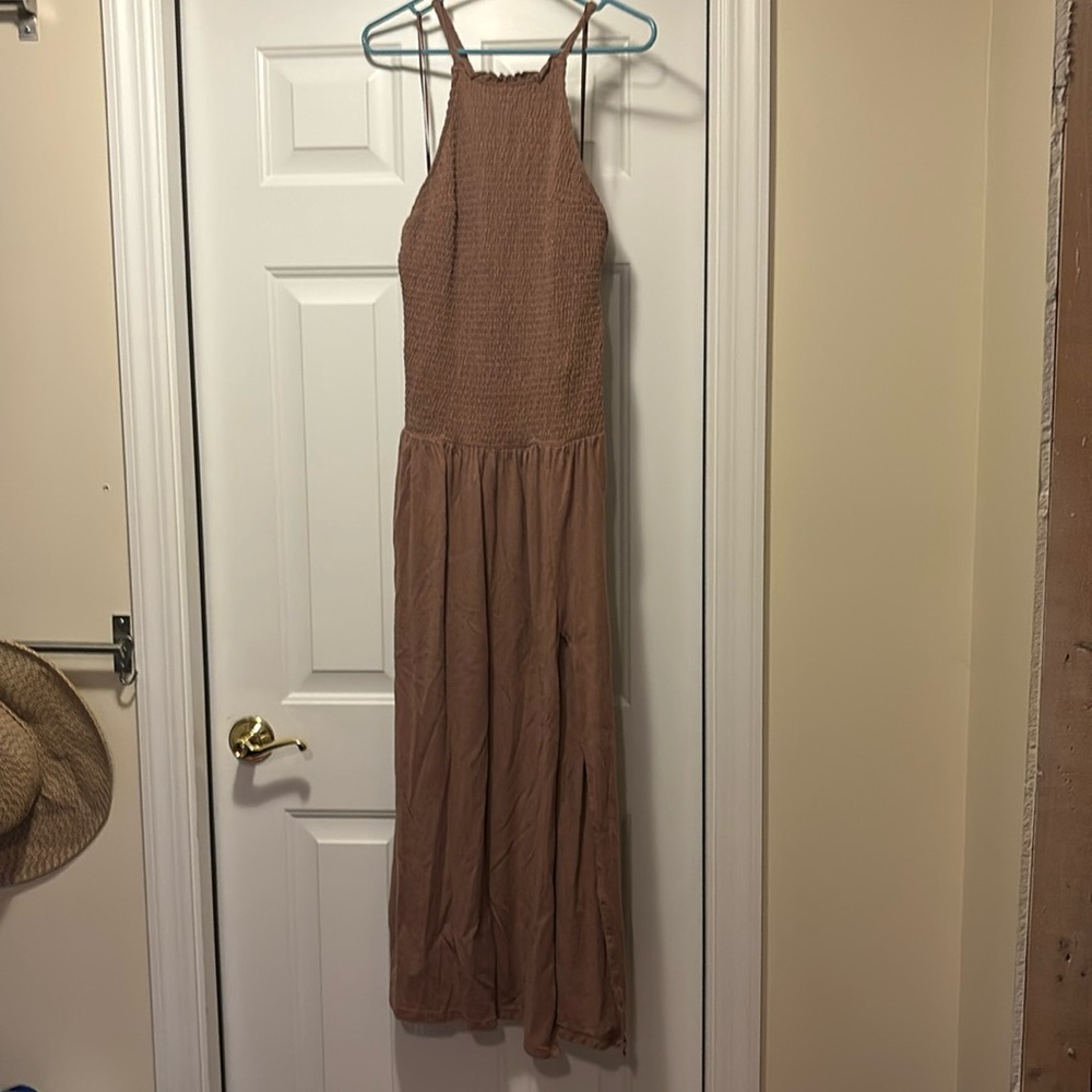 Free People Beach Brown drop waist Midi Dress with front slit. Size: Medium
